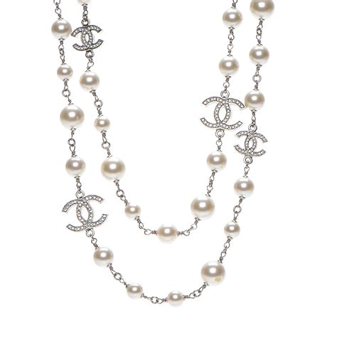 chanel crystal pearl cc long necklace silver|Chanel pearl necklace retail price.